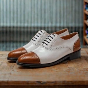 Stylish White and Brown Cap Toe Oxford Dress Shoes for Men Two Tone Brogue Shoes, Men&#39;s Designer Shoes zs313