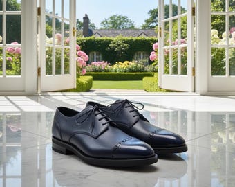Handmade Black Leather Oxford Shoes: Textured Cap Toe Dress Shoes