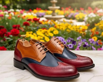 Handmade Leather Brogue Oxford Shoes – Men’s Color Block Wingtip Dress Shoes