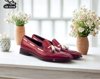 Red Leather Tassel Loafers: Handmade Men's Wedding Dress Shoes
