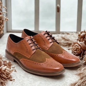Two-Tone Leather & Suede Brogue Shoes: Handmade Wingtip Oxford Derby