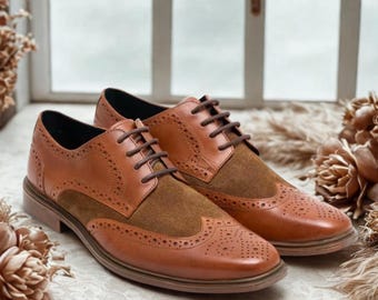 Tweekleurige leren en suède brogueschoenen | Handgemaakte vleugeltip Oxford-derby