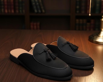 Handmade Black Leather Tassel Mules, Men's Backless Loafers