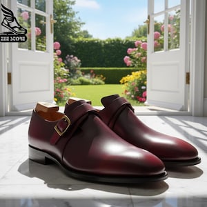 Handmade Burgundy Leather Monk Strap Shoes – Men's Formal Dress Shoes image 1