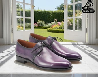 Handmade Purple Leather Oxford Shoes: Patina Finish, Formal Dress Shoes