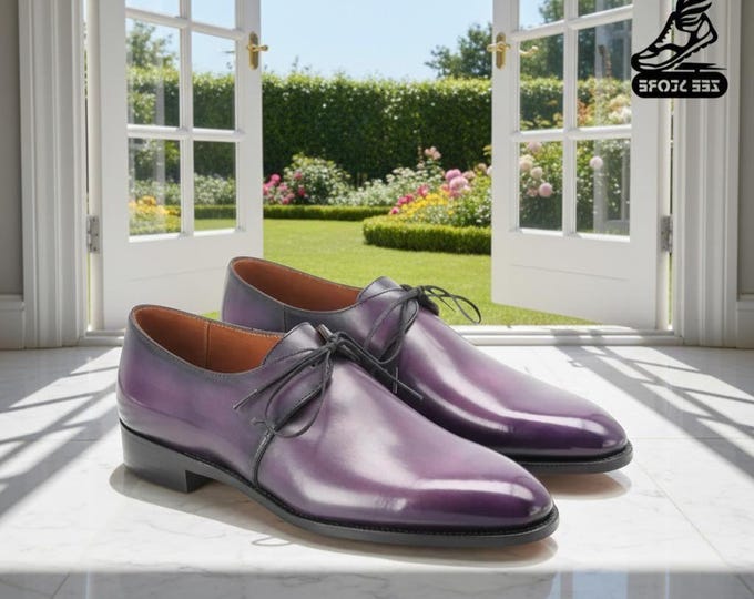 Featured listing image: Handmade Purple Leather Oxford Shoes: Patina Finish, Formal Dress Shoes