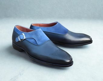 Scarpe da uomo con cinturino blu e nero / Scarpe eleganti in pelle fatte a mano / Calzature formali da ufficio per matrimoni
