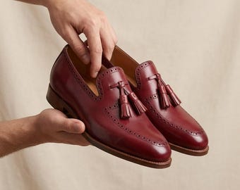 Handmade Burgundy Leather Tassel Loafers, Classic Brogue Dress Shoes