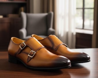 Handgemaakte bruine leren schoenen met dubbele gesp | Formele trouwschoenen heren
