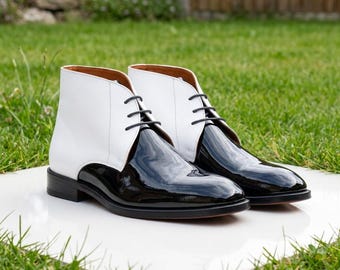 Black White Ankle Boots, Black Patent Leather Lace Up Boots, Two Tone Dress Shoes, Statement Boots, Modern Formal Footwear