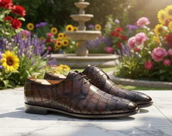 Handmade Brown Crocodile Embossed Leather Derby Shoes | Luxury Men's Dress Shoes Zeestore313