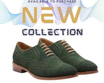 Handmade Green Suede Brogue Shoes for Men – Classic Oxford Lace-Up Dress Shoes bY ZEESTORE313