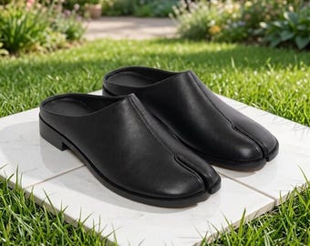Black Tabi Mule Shoes, Split Toe Leather Slip On Shoes, Handmade Minimalist Footwear