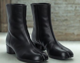 Handmade Black Leather Tabi Boots: Split-Toe Ankle Booties Zee Store