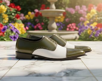 Handmade Two-Tone Leather Brogue Shoes: White & Green Wingtip Dress Shoes