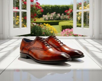 Handmade Burnished Brown Leather Wingtip Oxford Brogues: Men's Formal Dress Shoes