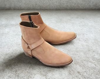 Handmade Tan Leather Jodhpur Boots: Minimalist Ankle Strap Dress Boots