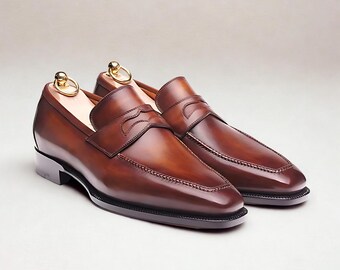 Handmade Brown Leather Penny Loafers: Classic Men's Slip-On Dress Leather Shoes
