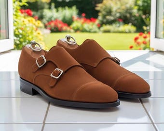 Handmade Suede Double Monk Strap Shoes - Brown Leather Dress Shoes