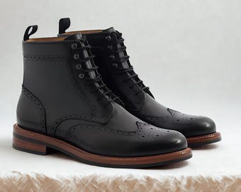 Handmade Black Leather Brogue Boots: Men's Wingtip Ankle Boots