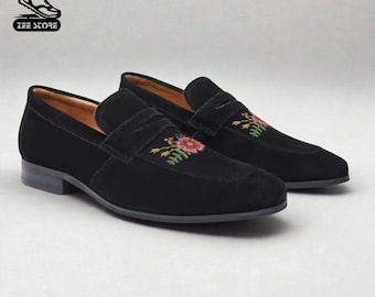 Handmade Black Suede Loafers | Floral Embroidered Men's Shoes