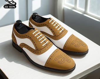 Handgefertigte Zweifarbige Leder Oxford Schuhe: Brogue Abendschuhe