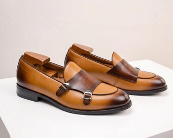 Hand-Painted Two Tone Leather Monk Strap Loafers, Brown Tan Dress Shoes