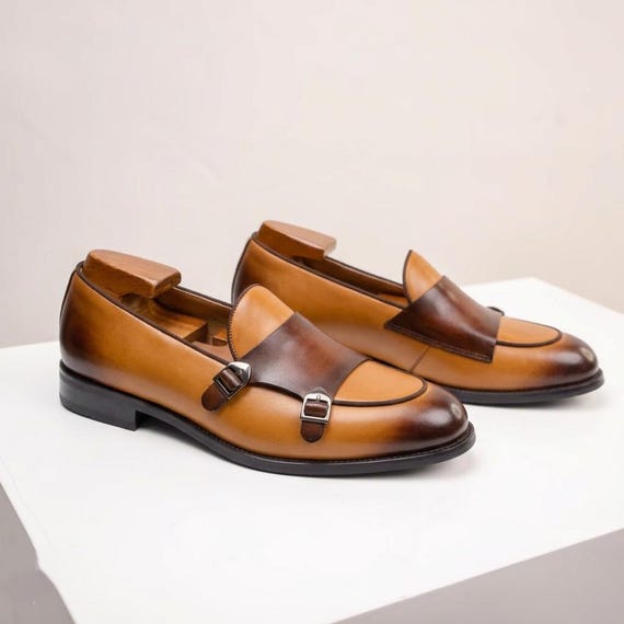 Men\'s Two-Tone Brown/Tan Leather & Suede Monk Strap Loafers Men main image 2