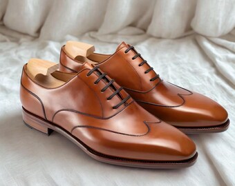 Handmade Full-Grain Leather Wingtip Oxford Shoes - Tan Brown