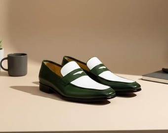 Handmade Leather Penny Loafers | Men's Green & White Slip-Ons