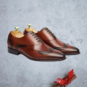 Handcrafted Men&#39;s Oxford Brogue Shoes – Genuine Leather Formal Dress Shoes