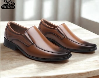 Handmade Brown Leather Slip-On Dress Shoes: Formal Office Footwear