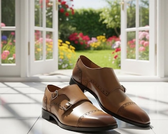 Handmade Cinnamon Leather Double Monk Strap Shoes: Custom Fit