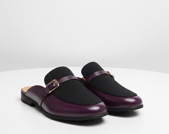 Handmade Two-Tone Leather Monk Strap Mule Loafers, Black Purple Backless Shoes