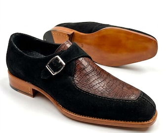 Black Suede Monk Strap Boots, Croc Leather Ankle Shoes, Handmade Men’s Dress Boots