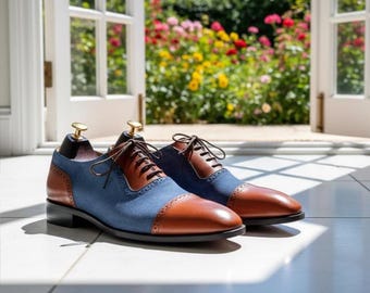 Handmade Blue Suede Brown Leather Oxford Shoes – Men's Two-Tone Italian Dress Formal Wedding Office