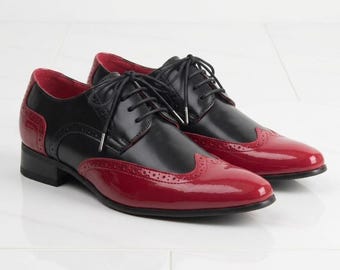 Black Burgundy Wingtip Shoes, Two Tone Leather Brogue Oxfords, Handmade Dress Shoes