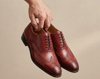 Handmade Burgundy Leather Brogue Oxford Shoes | Wingtip Dress Footwear