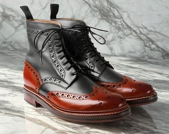 Two-Tone Leather Brogue Boots: Handmade Wingtip Ankle Boots