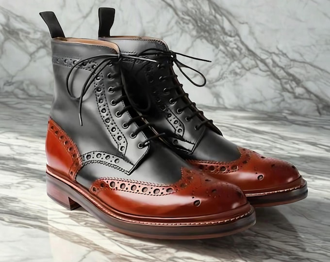 Featured listing image: Two-Tone Leather Brogue Boots: Handmade Wingtip Ankle Boots