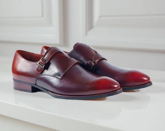 Handgemachte Burgunder Leder Monk Strap Schuhe: Elegante formelle Kleidung Schuhe