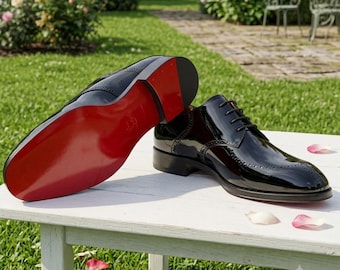 Black Patent Leather Oxford Shoes for Men, Handmade Wingtip Dress Shoes, Luxury Formal Wedding Shoes, Red Leather Sole, Custom Made
