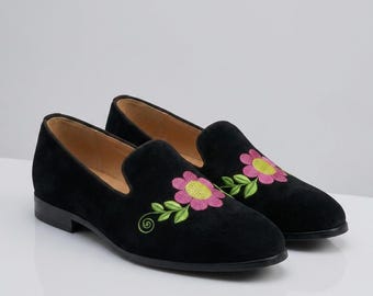 Black Velvet Loafers, Floral Embroidered Shoes, Handmade Slip On Dress Shoes