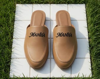 Handmade Tan Leather Mule Loafers, Black Embroidered Custom Name, Backless Slip On