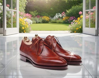 Handmade Tan Leather Apron Toe Derby Shoes: Formal Business Footwear