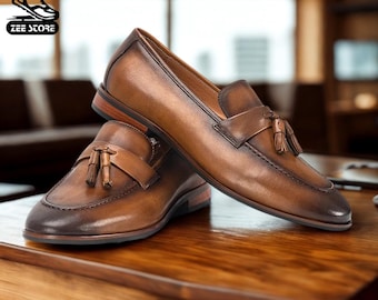 Men's Brown Leather Tassel Loafers | Handmade Slip-On Dress Shoes | Classic Italian Style by ZeeStore313