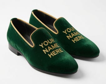 Personalized Green Velvet Loafers for Men, Custom Name Embroidered Shoes, Wedding Groom Slippers, Luxury Velvet Slippers, Monogram Shoes