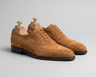 Men's Brown Suede Wingtip Shoes, Leather Brogue Dress Shoes, Vintage Oxford Shoes, Classic Formal Footwear, Business Wedding Shoes