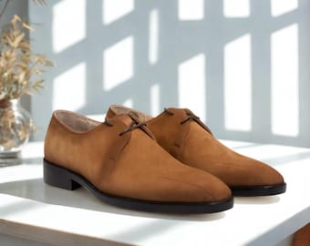 Handmade Tan Suede Derby Shoes: Classic Lace-Up Dress Footwear