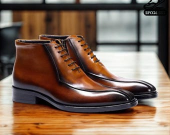 Handmade Brown Leather Ankle Boots | Men’s Formal Dress Boots | Classic Wedding & Office Footwear